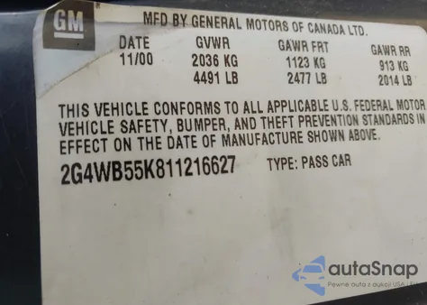 2001 Buick Regal Ls z USA, uszkodzony, nr VIN 2G4WB55K811216627